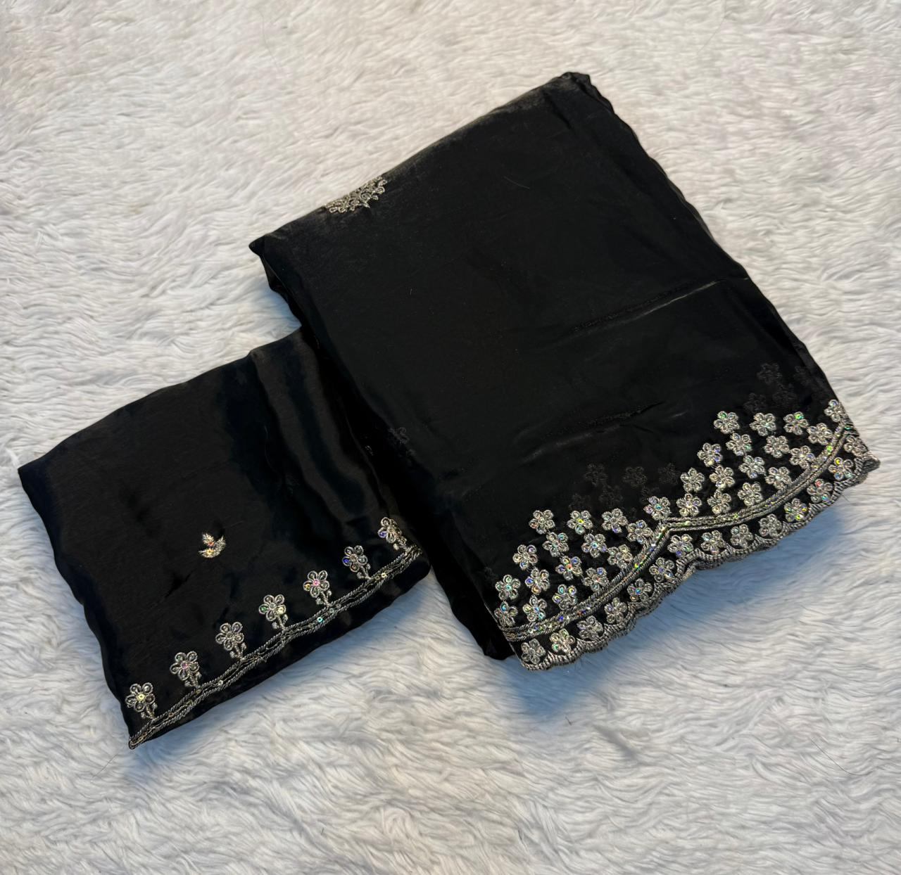 Delightful Party Wear Silk Multi Thread n Sequence Embroidery Work Designer Saree With Matching Blouse Piece