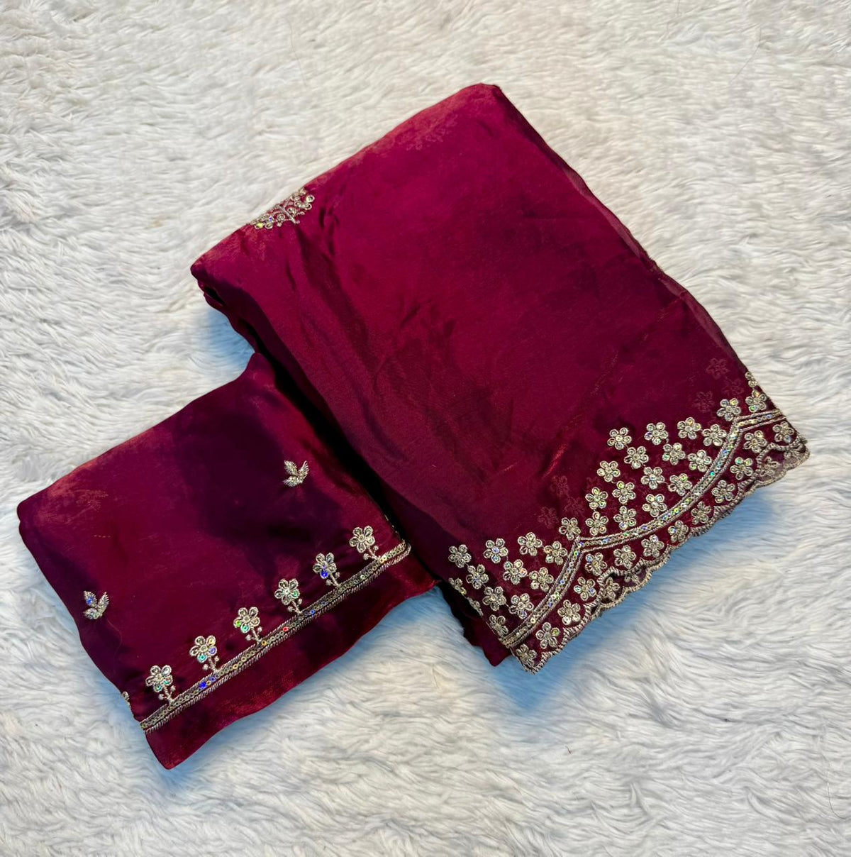 Delightful Party Wear Silk Multi Thread n Sequence Embroidery Work Designer Saree With Matching Blouse Piece