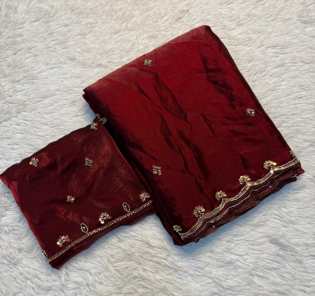 Redolent  Festive Wear Silk Handwork Bids n Sequence Work Designer Saree With Blouse Piece