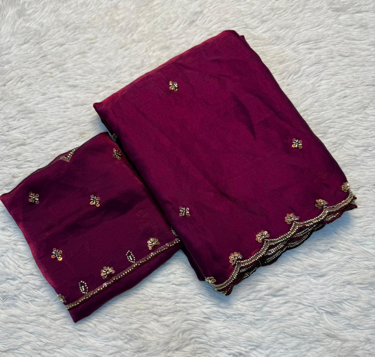 Redolent  Festive Wear Silk Handwork Bids n Sequence Work Designer Saree With Blouse Piece