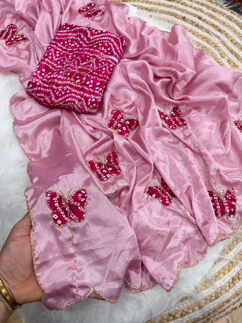 Desiring Function Wear Chinnon Silk Handwork Border Designer Saree With Blouse Piece