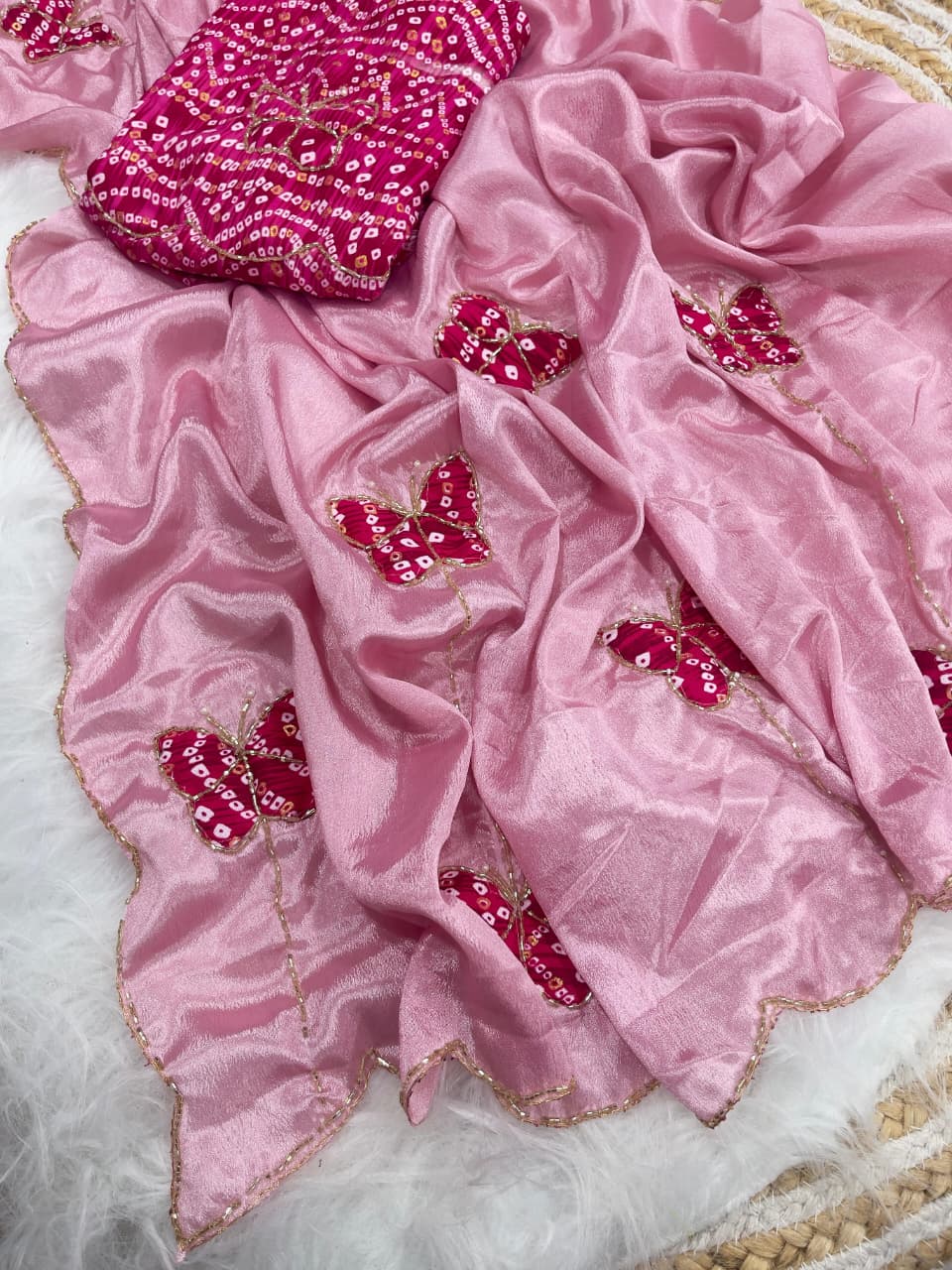 Desiring Function Wear Chinnon Silk Handwork Border Designer Saree With Blouse Piece