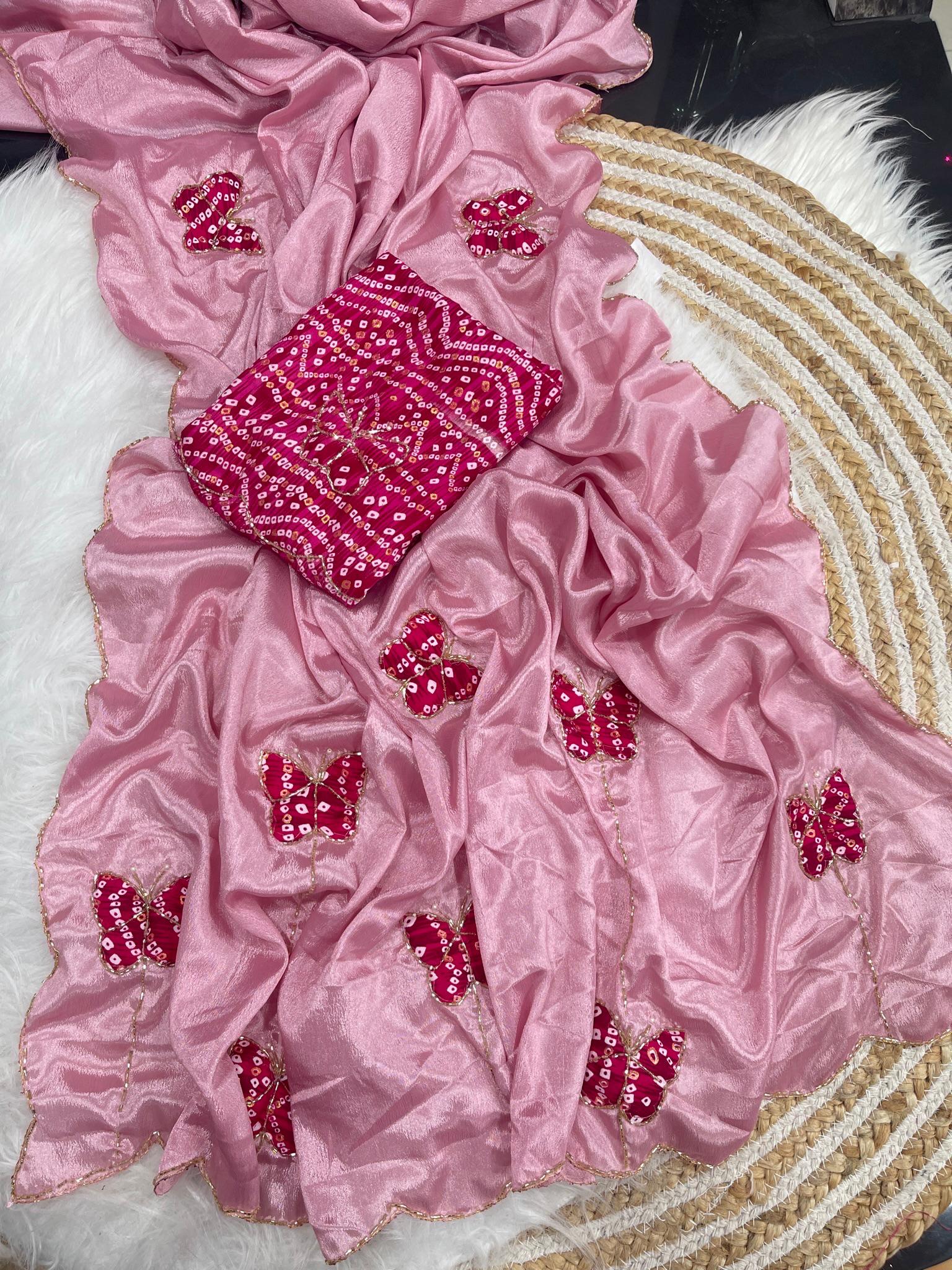 Desiring Function Wear Chinnon Silk Handwork Border Designer Saree With Blouse Piece