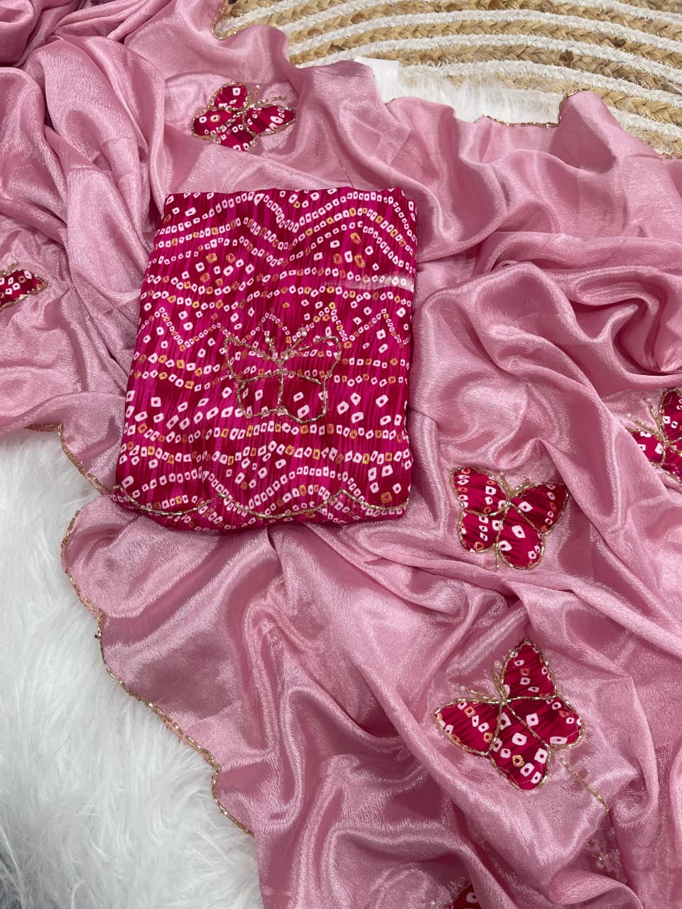 Desiring Function Wear Chinnon Silk Handwork Border Designer Saree With Blouse Piece