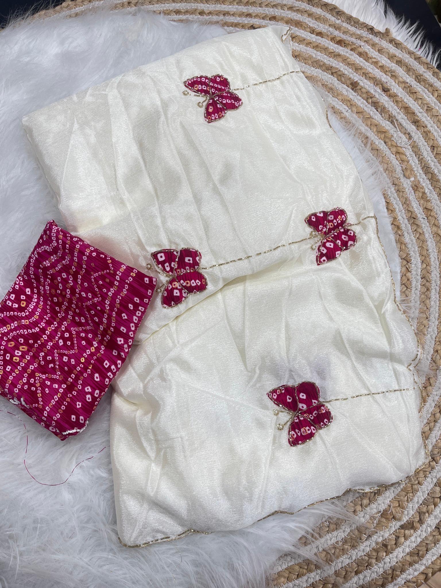 Desiring Function Wear Chinnon Silk Handwork Border Designer Saree With Blouse Piece