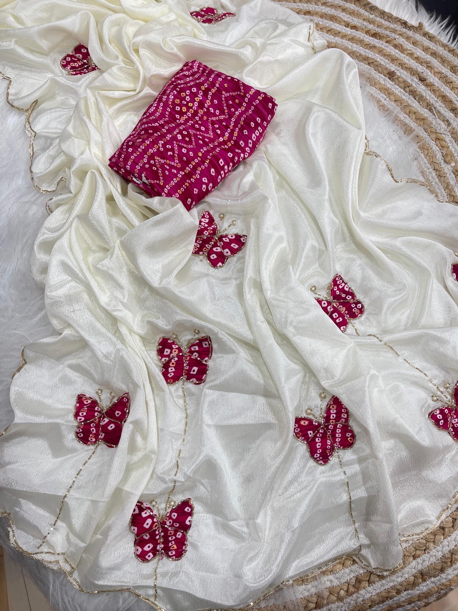 Desiring Function Wear Chinnon Silk Handwork Border Designer Saree With Blouse Piece