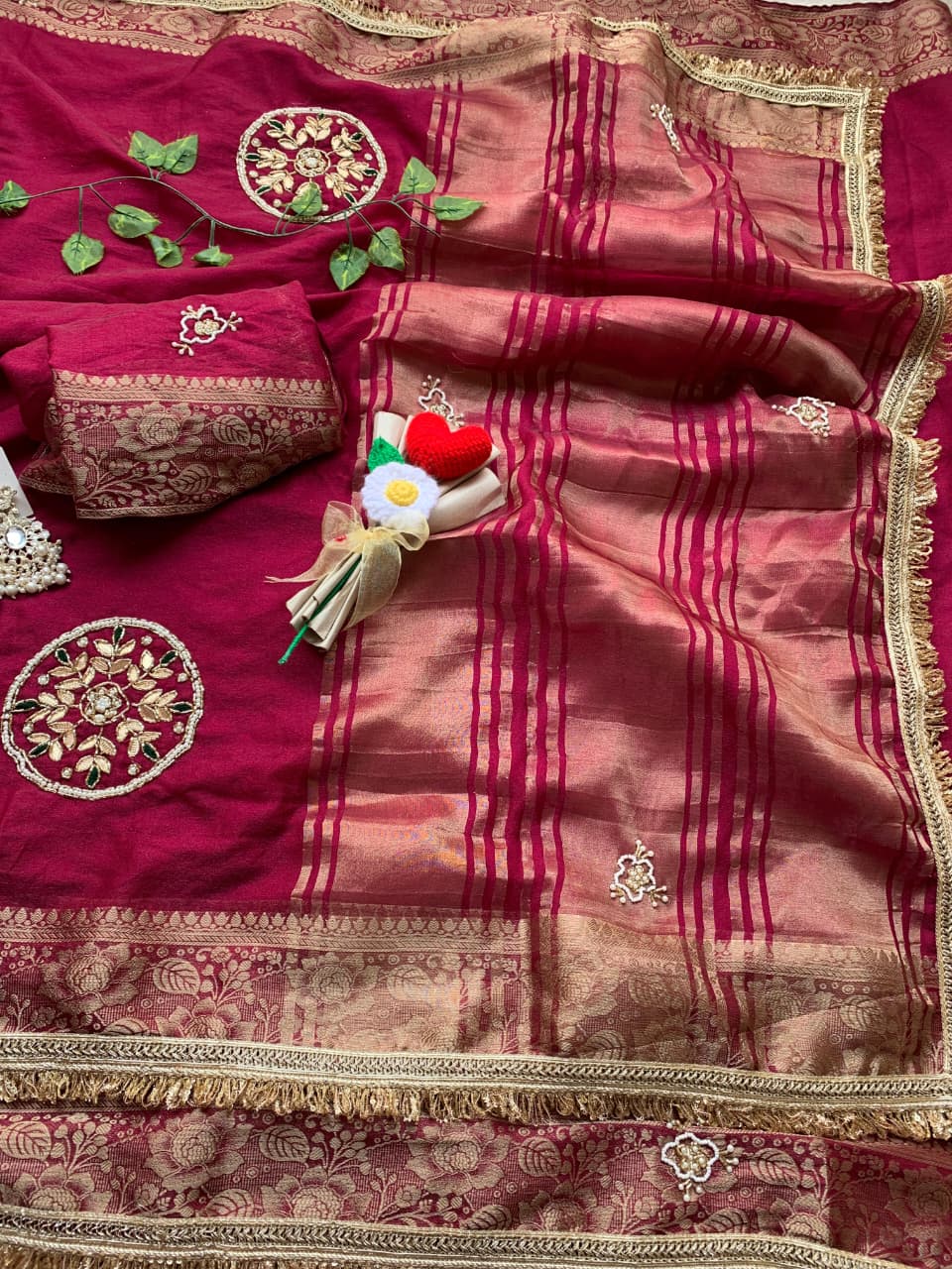 Incomparable Wedding  Wear Satin Silk Handwork n Jacquard Weaving Border Saree With Blouse Piece