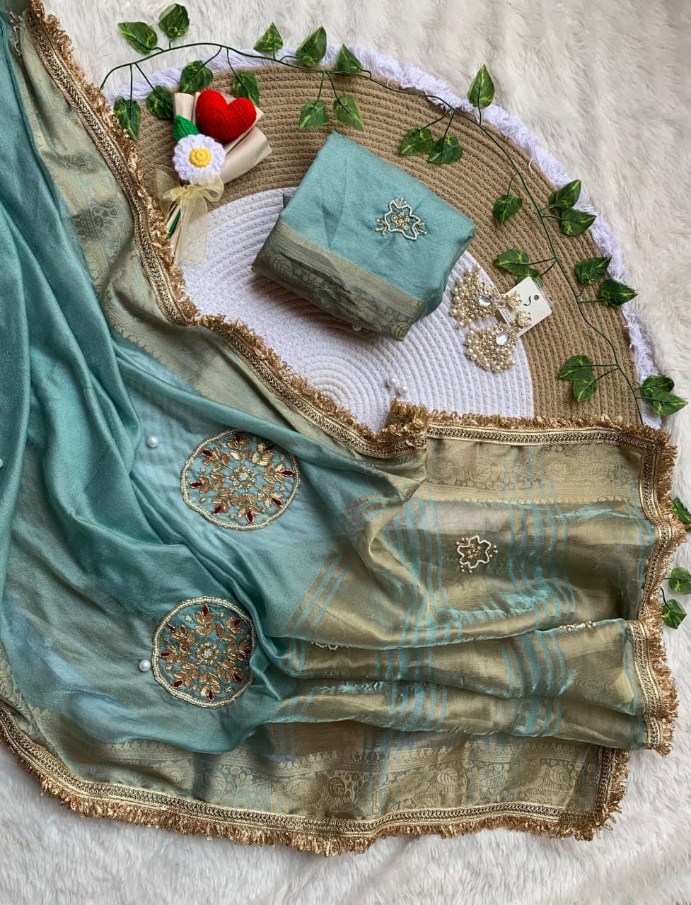 Incomparable Wedding  Wear Satin Silk Handwork n Jacquard Weaving Border Saree With Blouse Piece