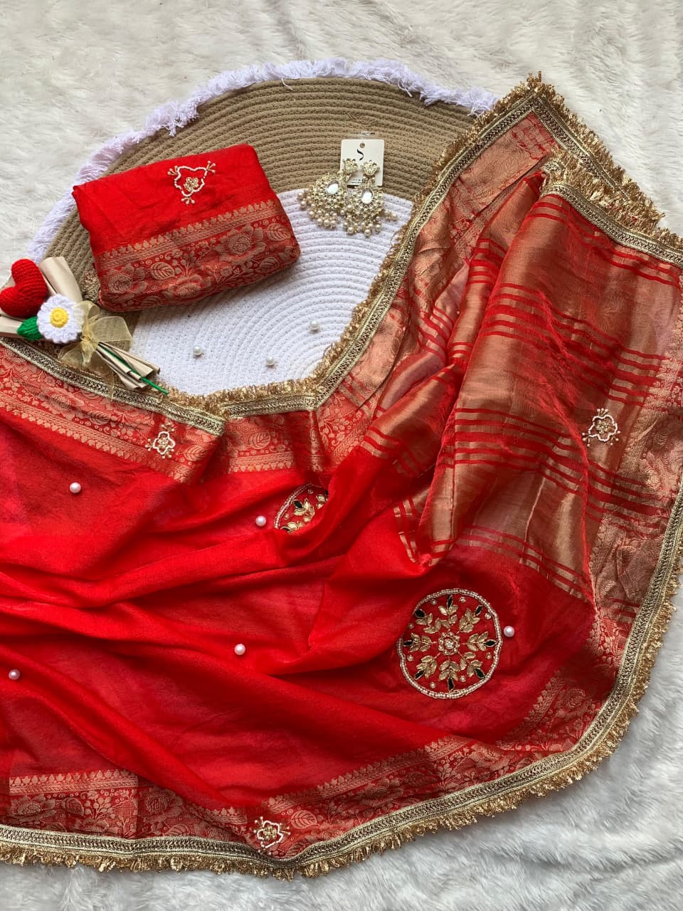Incomparable Wedding  Wear Satin Silk Handwork n Jacquard Weaving Border Saree With Blouse Piece