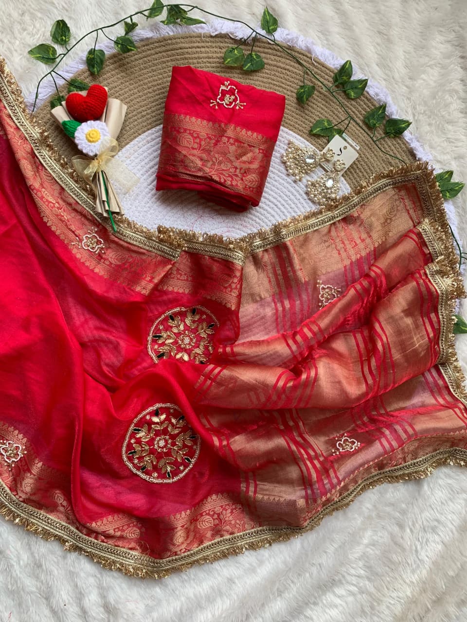 Incomparable Wedding  Wear Satin Silk Handwork n Jacquard Weaving Border Saree With Blouse Piece