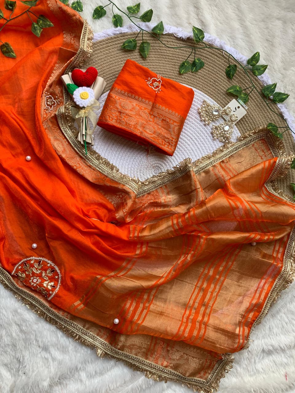 Incomparable Wedding  Wear Satin Silk Handwork n Jacquard Weaving Border Saree With Blouse Piece