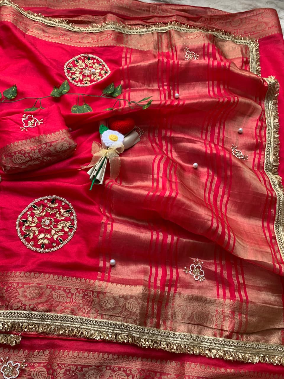 Incomparable Wedding  Wear Satin Silk Handwork n Jacquard Weaving Border Saree With Blouse Piece