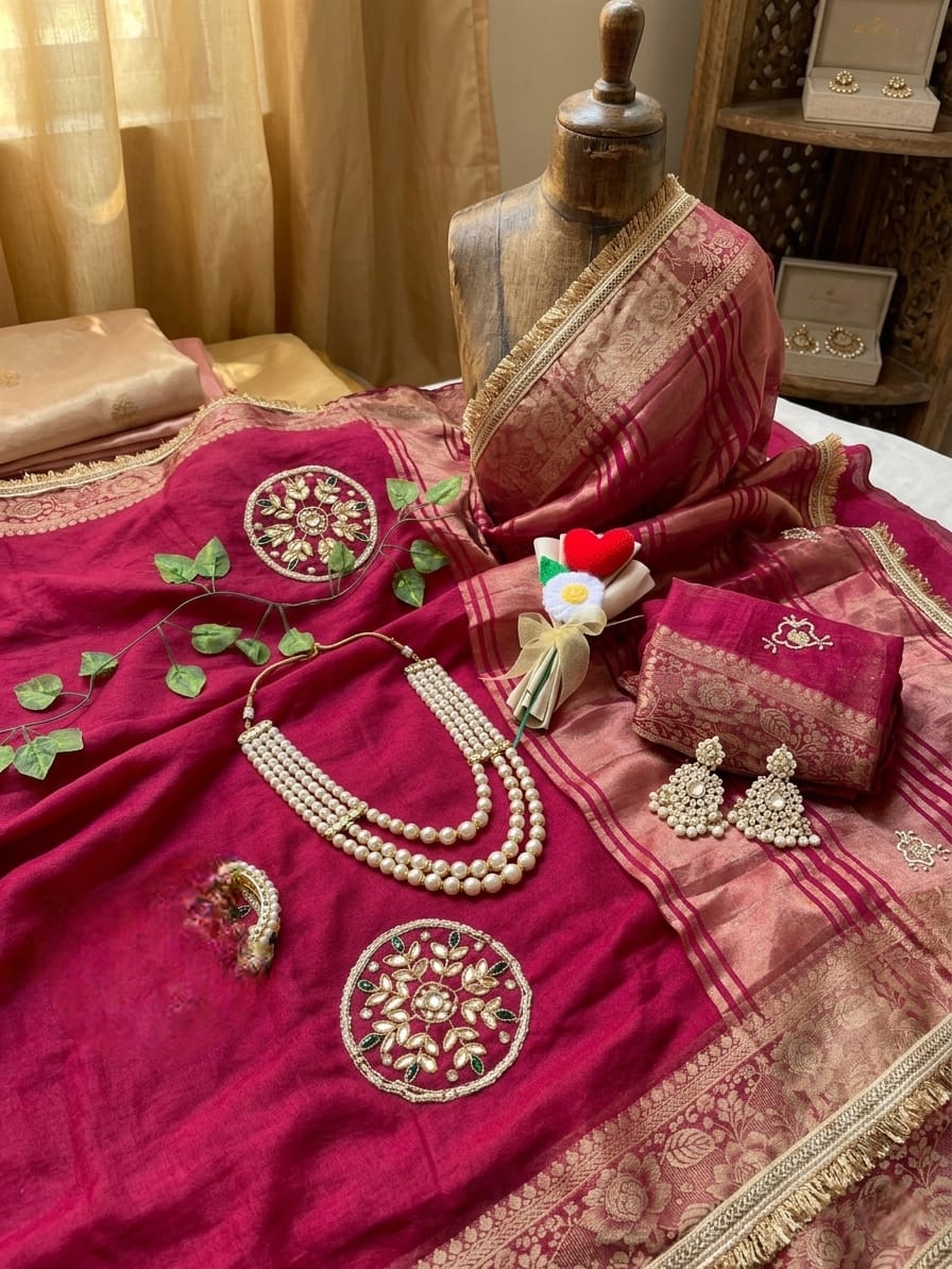 Incomparable Wedding  Wear Satin Silk Handwork n Jacquard Weaving Border Saree With Blouse Piece