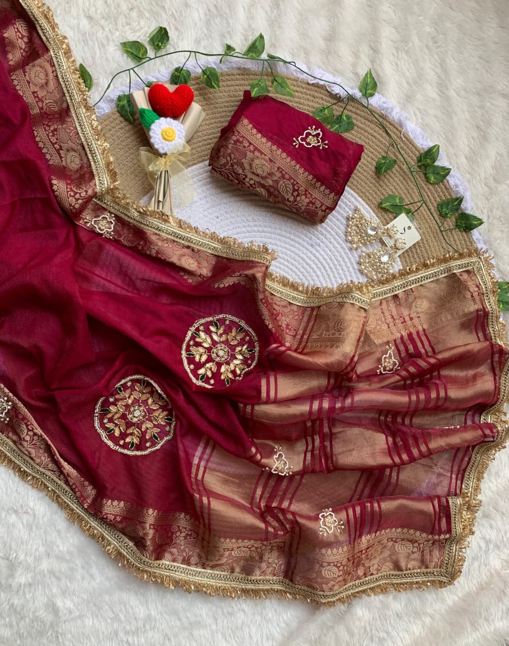 Incomparable Wedding  Wear Satin Silk Handwork n Jacquard Weaving Border Saree With Blouse Piece