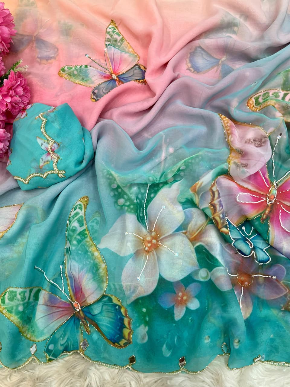 Scrupulous Party Wear Soft Silk Print n  HandWork Arco Border Fancy Designer Saree With Blouse