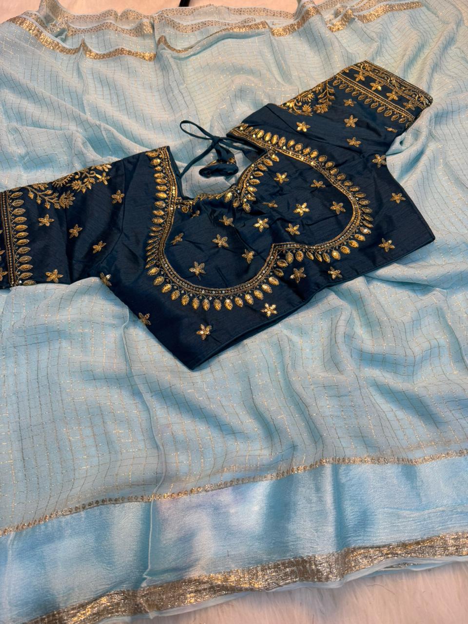 Excellent Party Wear Viscose Georgette Embroidery Work Stitched Blouse With Saree