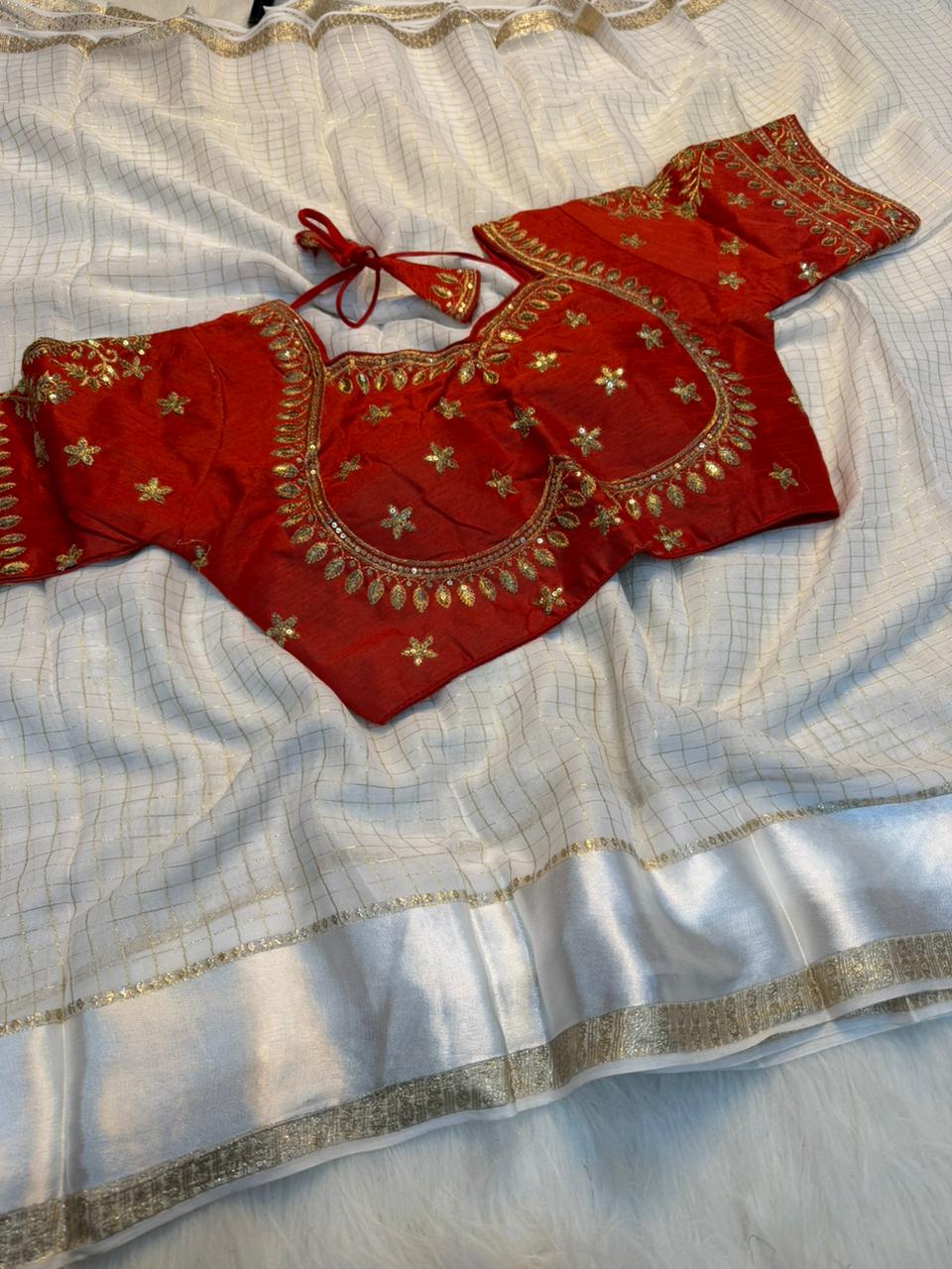 Excellent Party Wear Viscose Georgette Embroidery Work Stitched Blouse With Saree