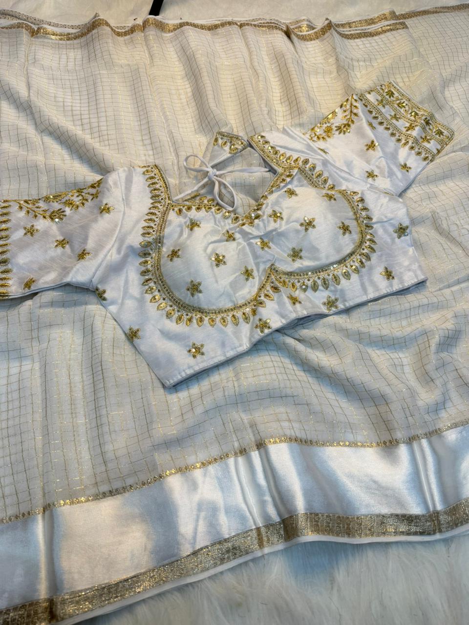 Excellent Party Wear Viscose Georgette Embroidery Work Stitched Blouse With Saree