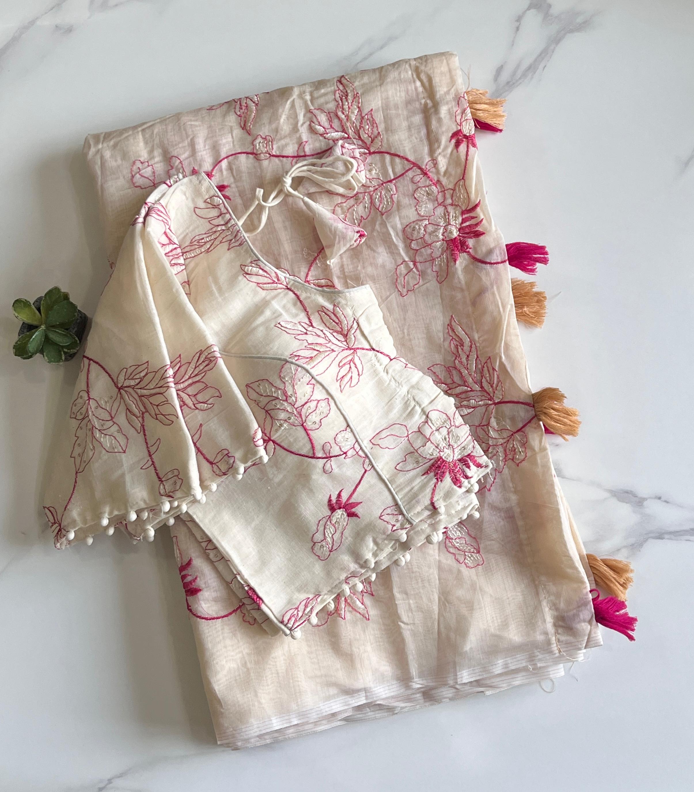 Latest  Function Wear Chanderi Cotton Embroidery n Tussels Work Fancy Designer Festive Wear Saree With Stitched Blouse