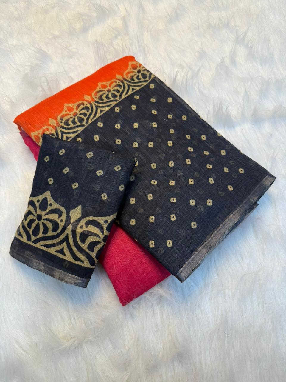 Captivating Festive Wear Linen Cotton Print With Tussles in Pallu Work Designer Saree With Blouse Piece
