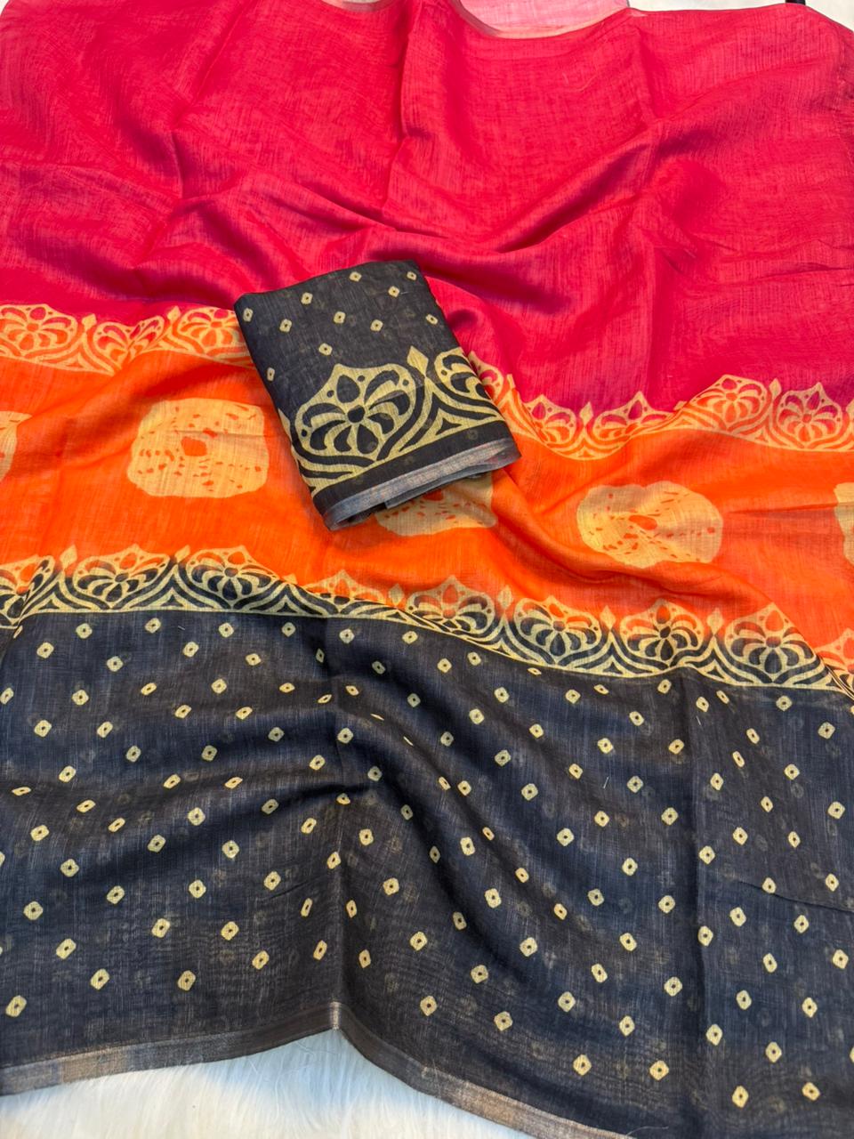 Captivating Festive Wear Linen Cotton Print With Tussles in Pallu Work Designer Saree With Blouse Piece