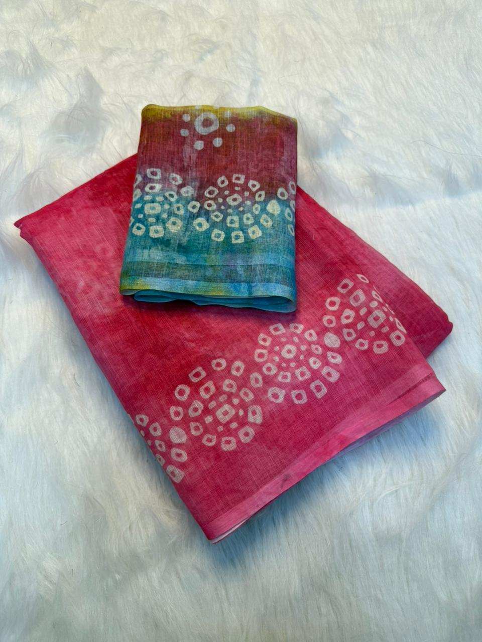 Captivating Festive Wear Linen Cotton Print With Tussles in Pallu Work Designer Saree With Blouse Piece