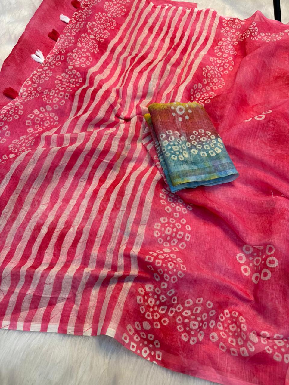 Captivating Festive Wear Linen Cotton Print With Tussles in Pallu Work Designer Saree With Blouse Piece