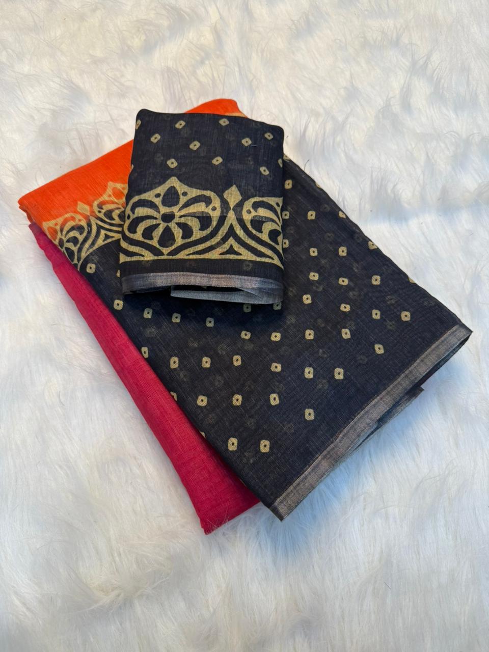 Captivating Festive Wear Linen Cotton Print With Tussles in Pallu Work Designer Saree With Blouse Piece