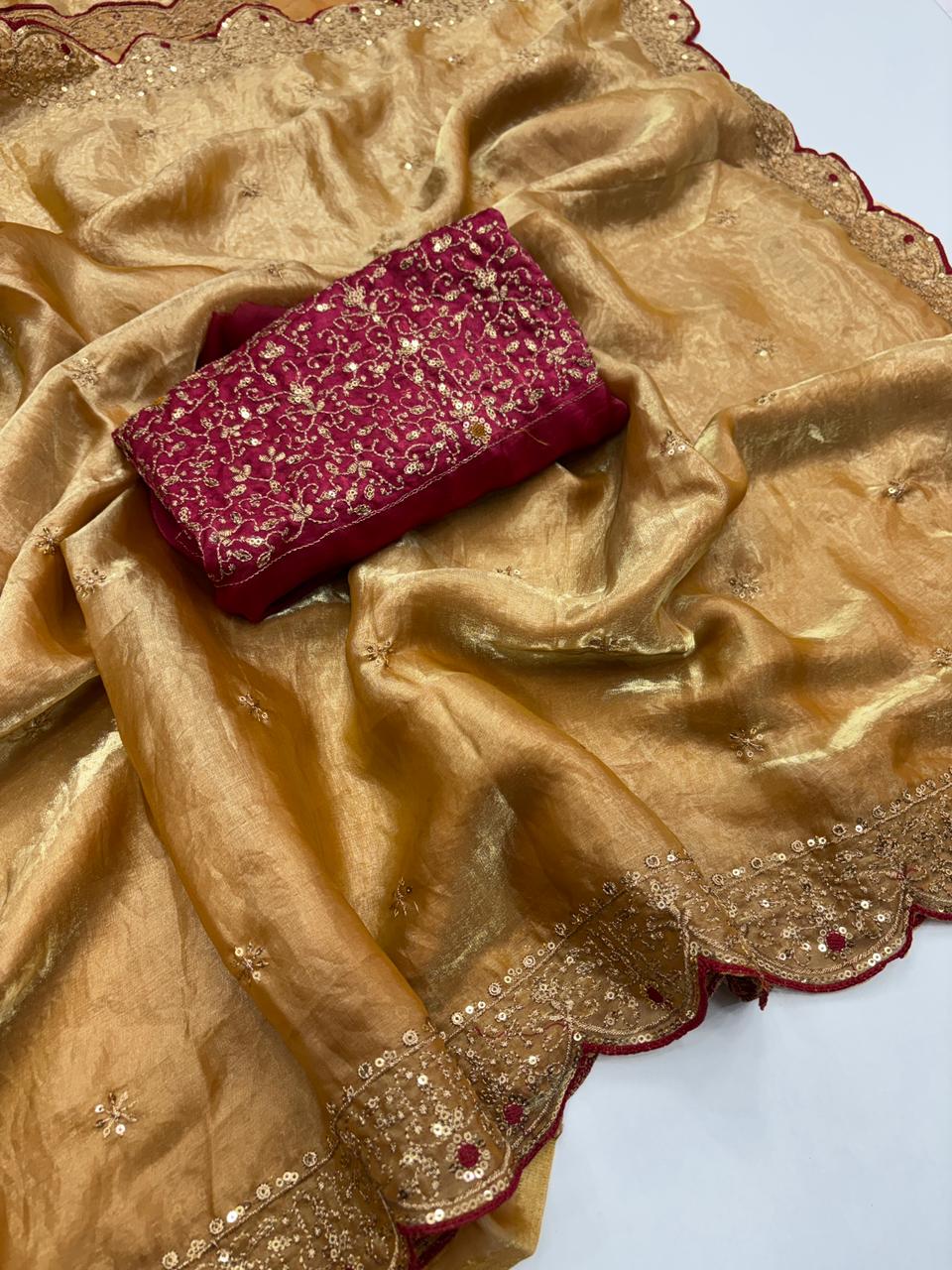 Whimsical Wedding Wear Silk Embroidery n Sequence Thread Work Fancy Designer Saree With Blouse Piece