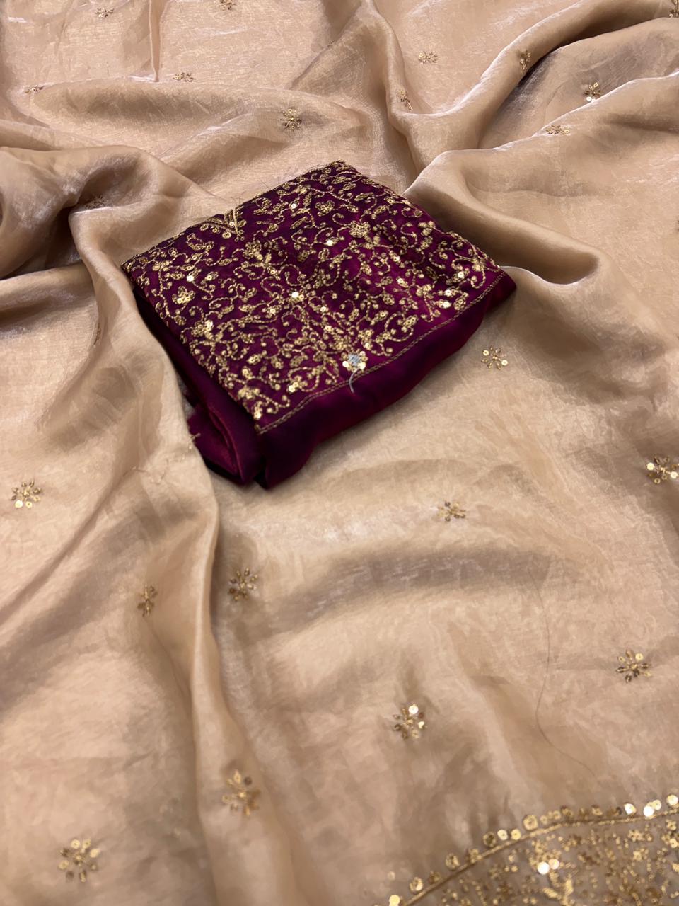 Whimsical Wedding Wear Silk Embroidery n Sequence Thread Work Fancy Designer Saree With Blouse Piece