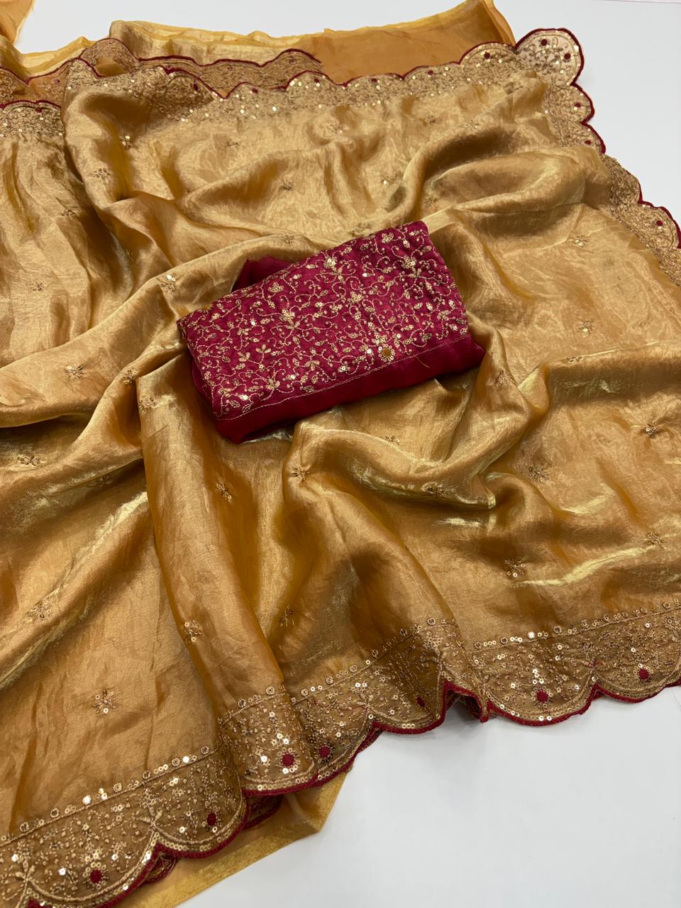 Whimsical Wedding Wear Silk Embroidery n Sequence Thread Work Fancy Designer Saree With Blouse Piece
