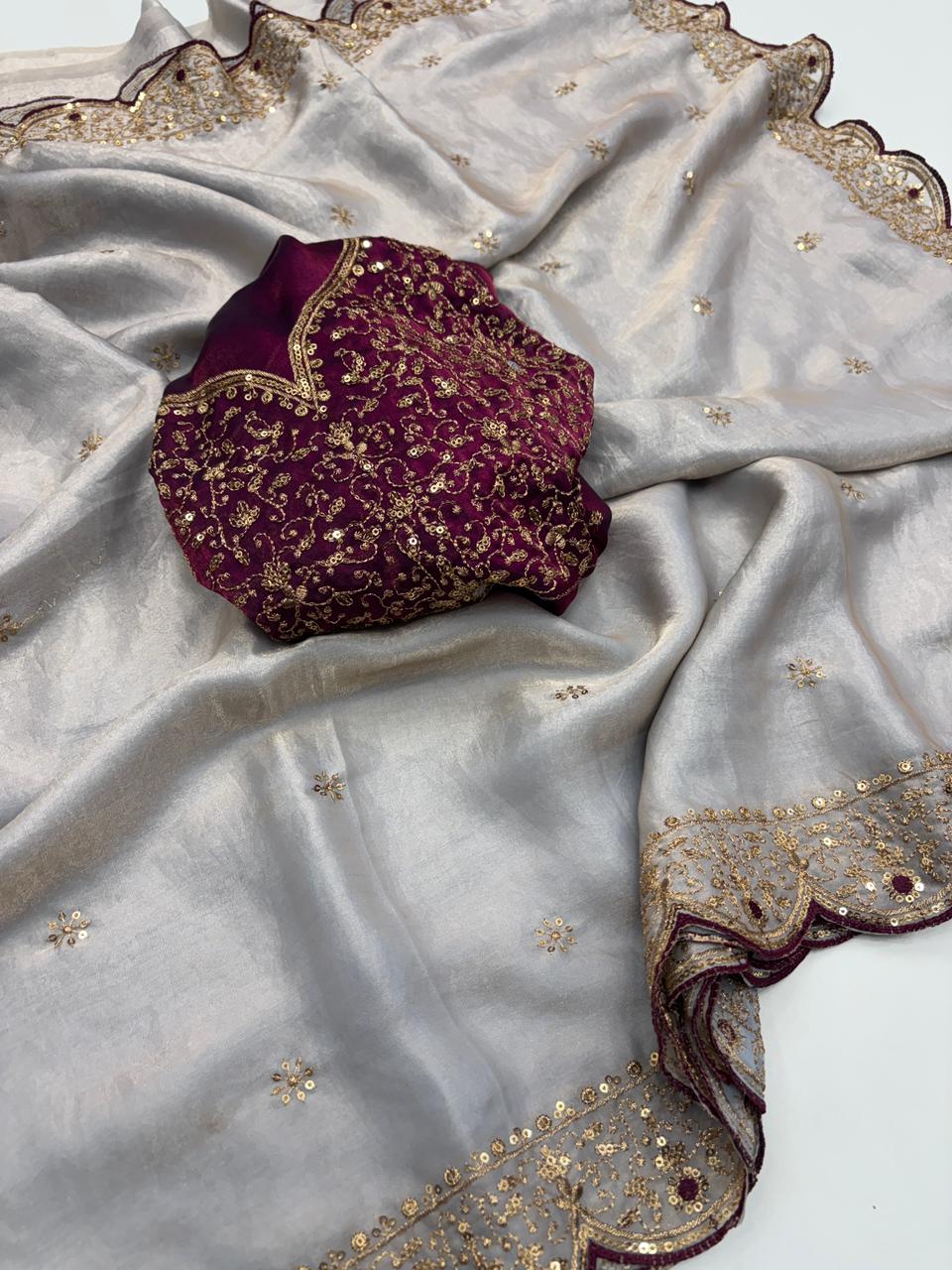 Whimsical Wedding Wear Silk Embroidery n Sequence Thread Work Fancy Designer Saree With Blouse Piece