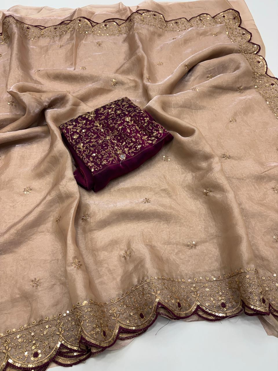 Whimsical Wedding Wear Silk Embroidery n Sequence Thread Work Fancy Designer Saree With Blouse Piece