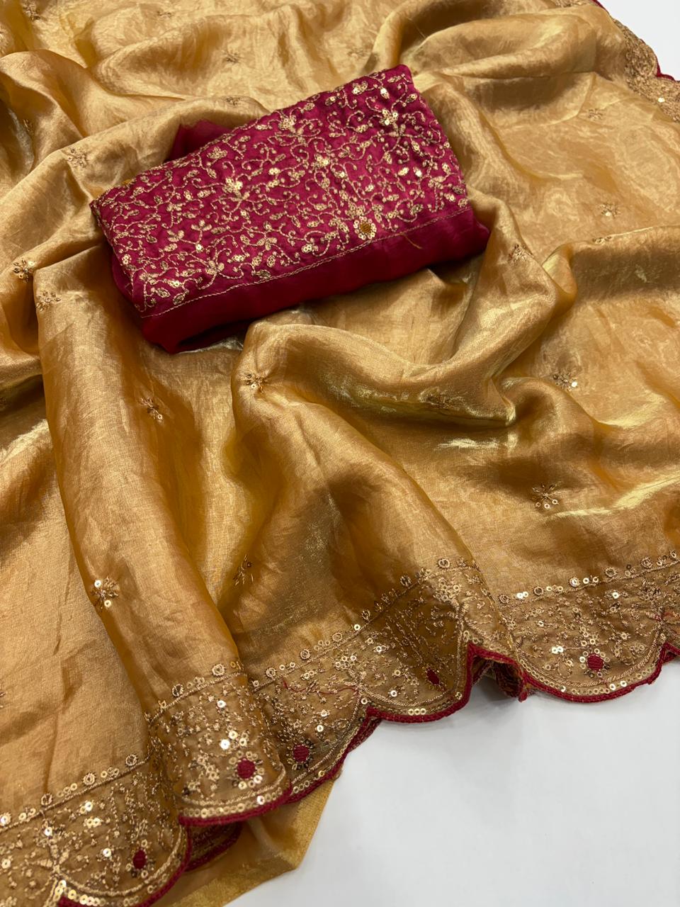 Whimsical Wedding Wear Silk Embroidery n Sequence Thread Work Fancy Designer Saree With Blouse Piece