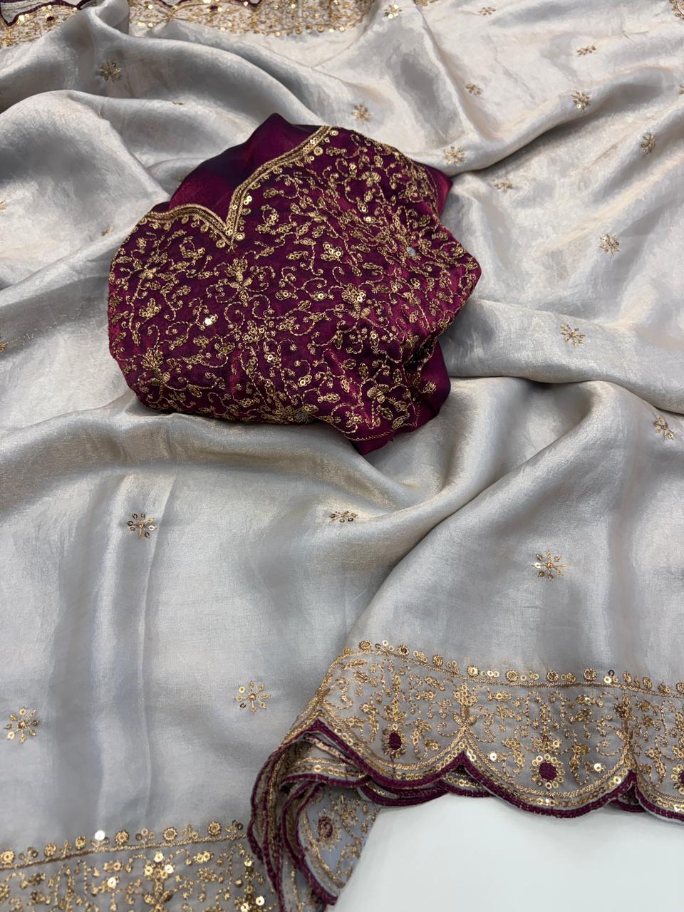 Whimsical Wedding Wear Silk Embroidery n Sequence Thread Work Fancy Designer Saree With Blouse Piece