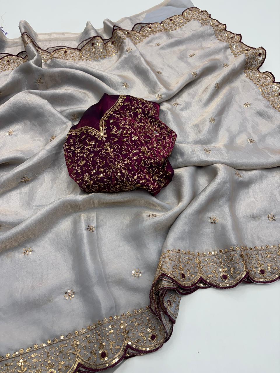 Whimsical Wedding Wear Silk Embroidery n Sequence Thread Work Fancy Designer Saree With Blouse Piece