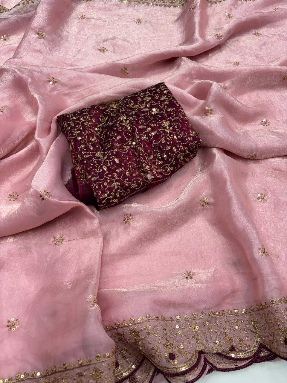 Whimsical Wedding Wear Silk Embroidery n Sequence Thread Work Fancy Designer Saree With Blouse Piece