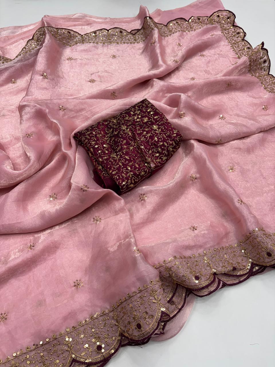 Whimsical Wedding Wear Silk Embroidery n Sequence Thread Work Fancy Designer Saree With Blouse Piece