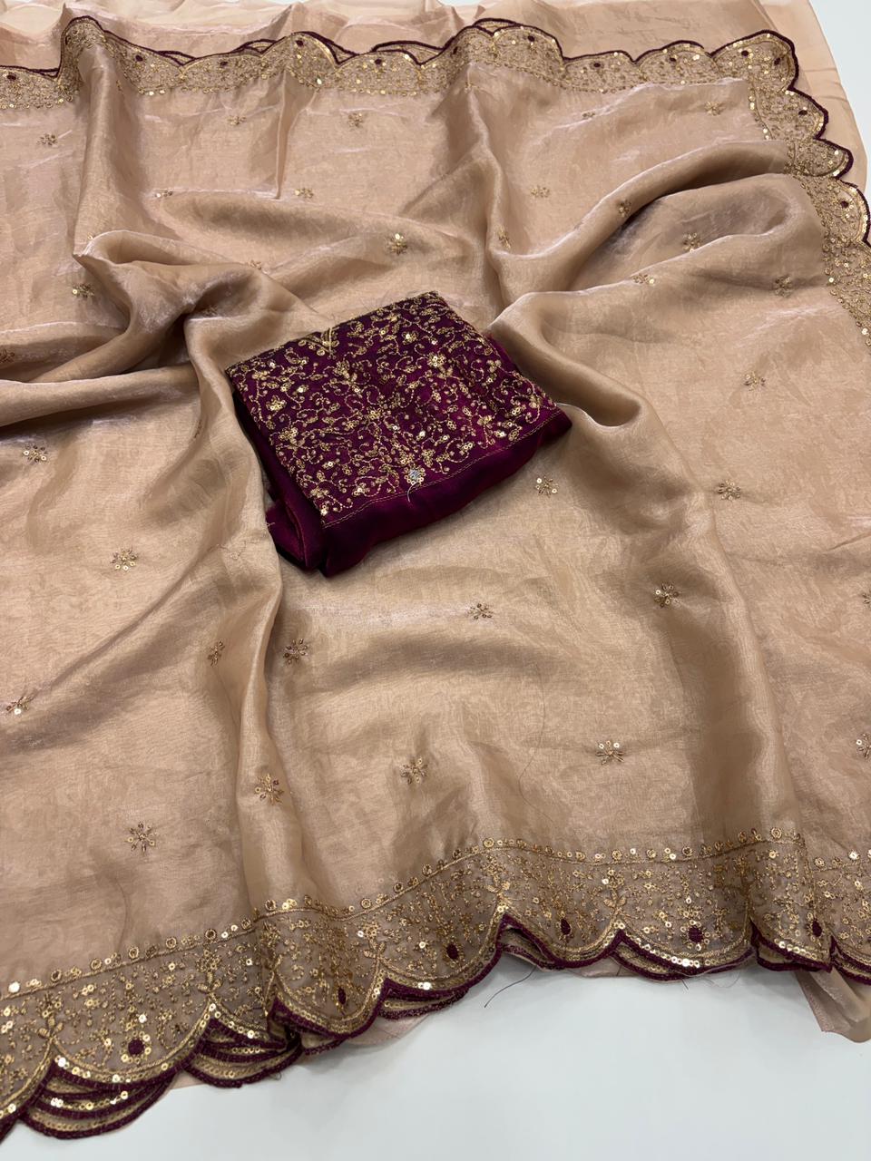 Whimsical Wedding Wear Silk Embroidery n Sequence Thread Work Fancy Designer Saree With Blouse Piece