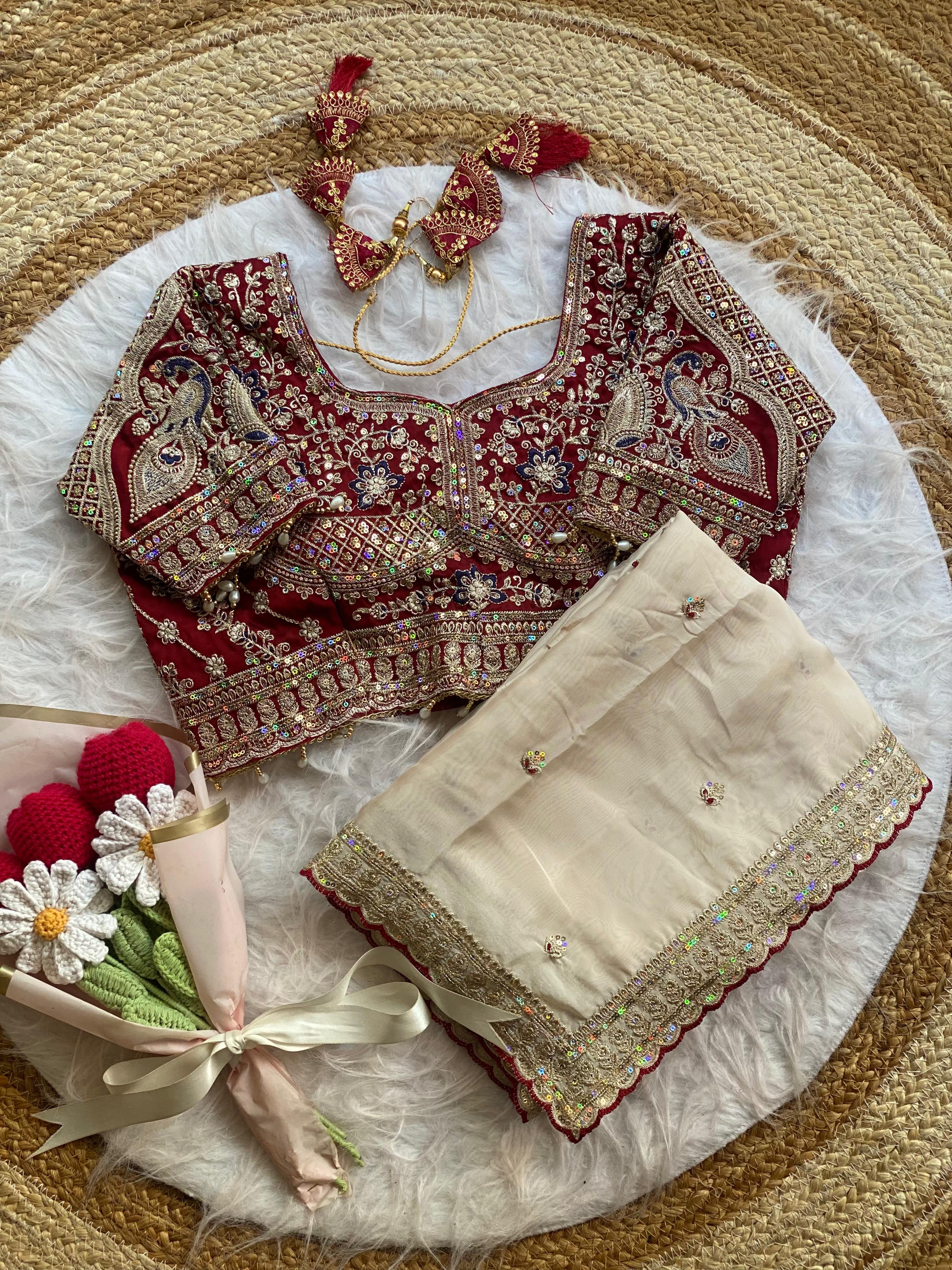 Outstanding Wedding Wear Silk Sequence n Embroidery Work Butti Desginer Saree With Stitched Blouse