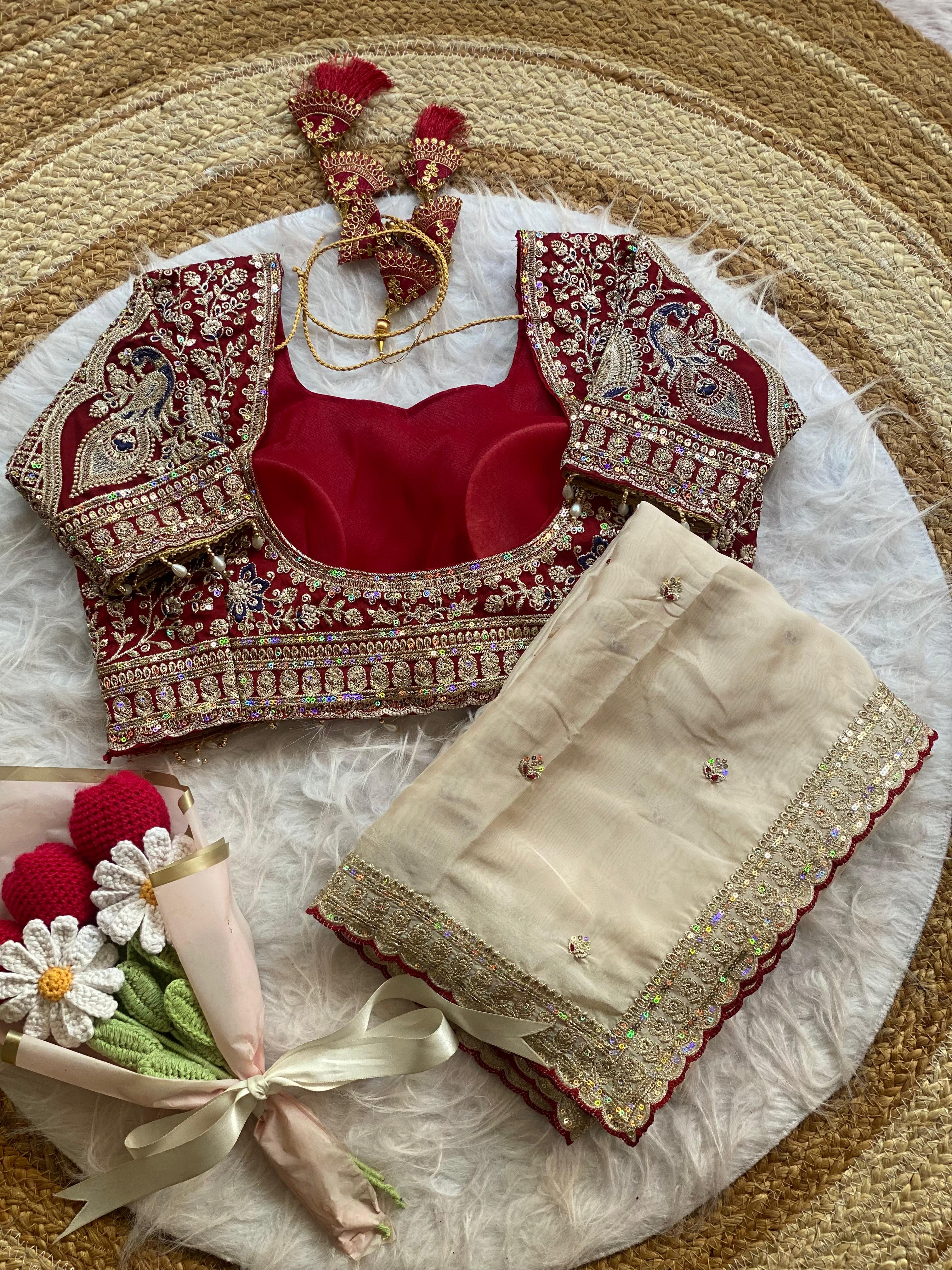 Outstanding Wedding Wear Silk Sequence n Embroidery Work Butti Desginer Saree With Stitched Blouse
