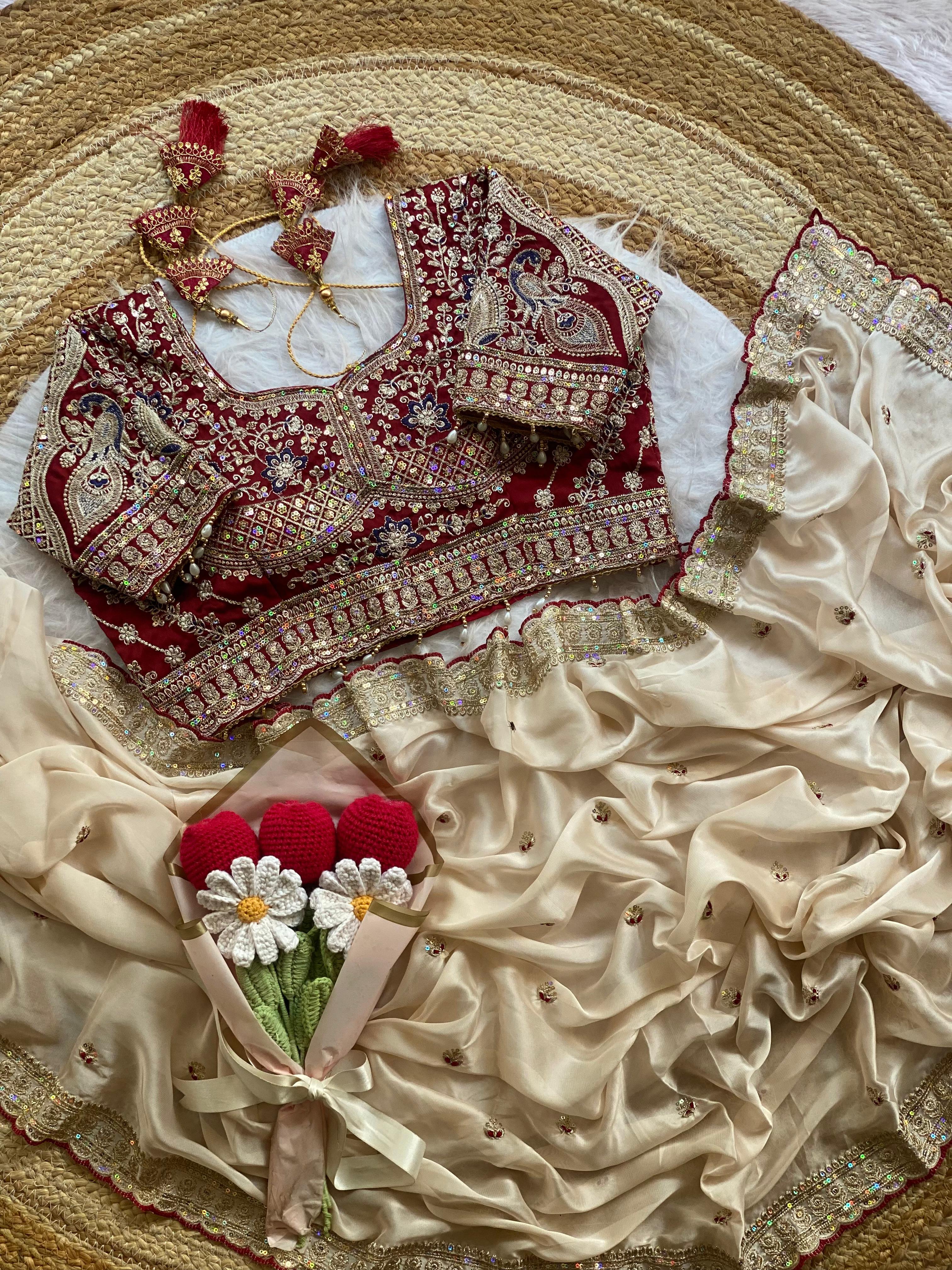 Outstanding Wedding Wear Silk Sequence n Embroidery Work Butti Desginer Saree With Stitched Blouse