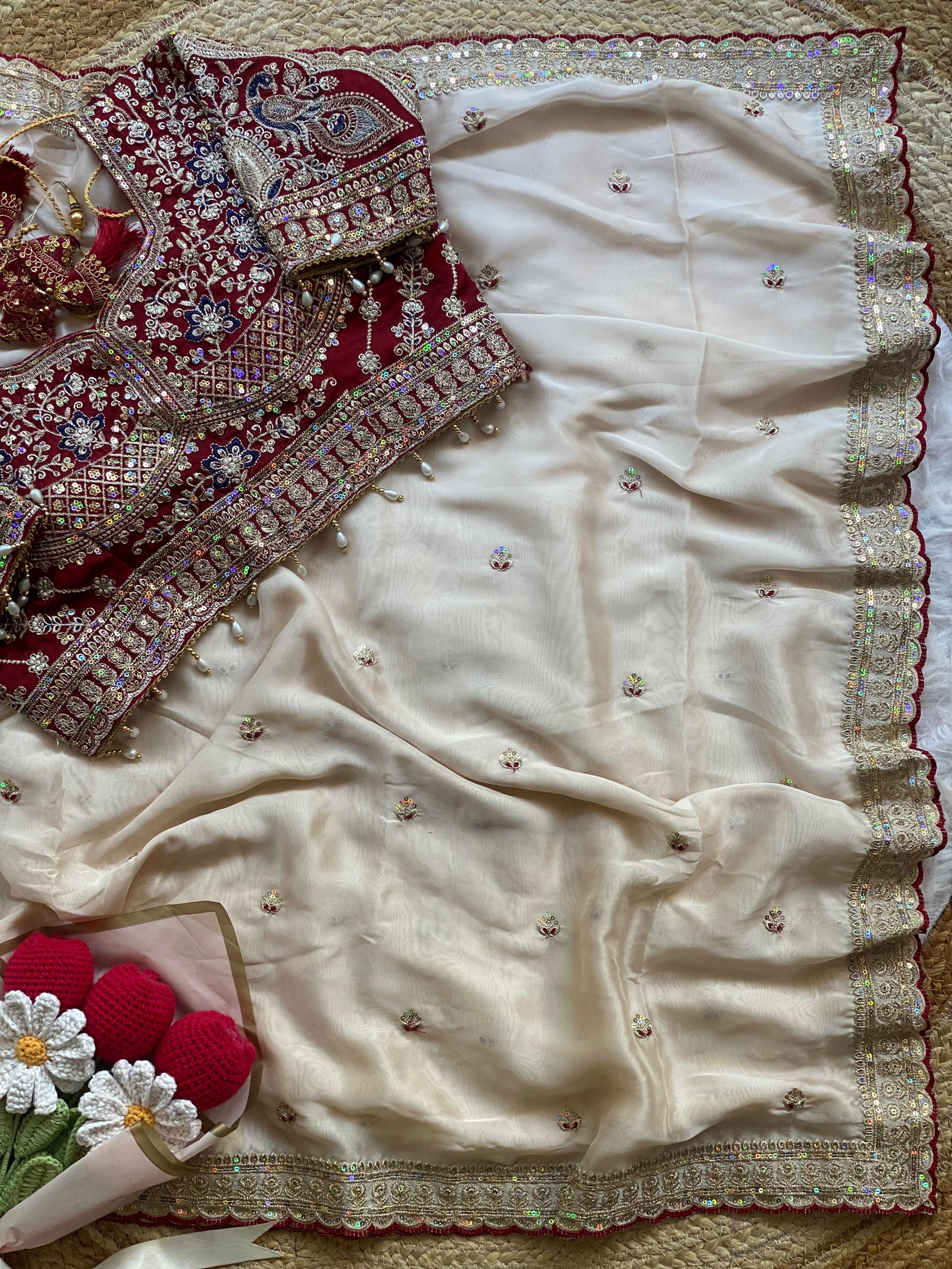 Outstanding Wedding Wear Silk Sequence n Embroidery Work Butti Desginer Saree With Stitched Blouse