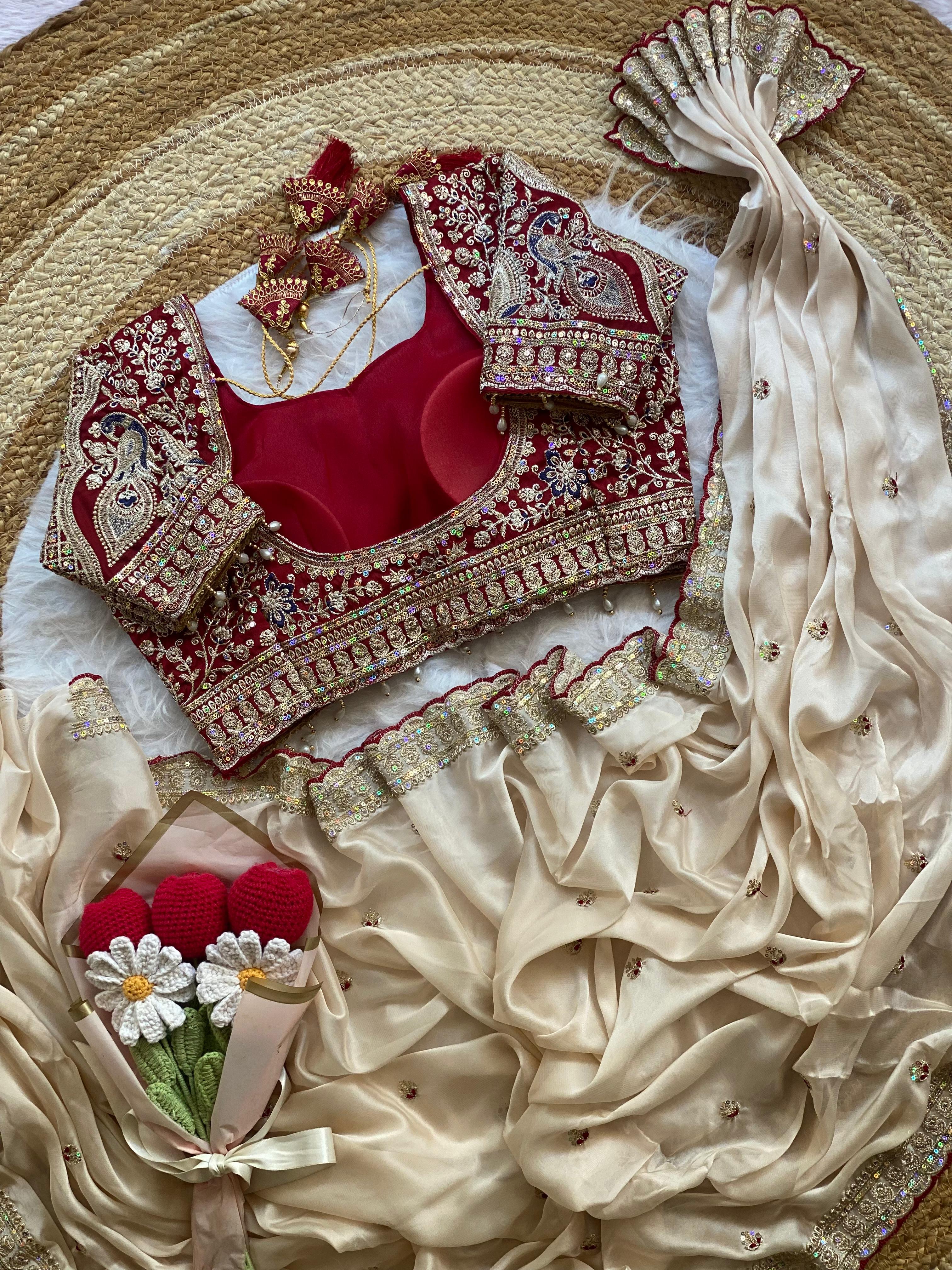 Outstanding Wedding Wear Silk Sequence n Embroidery Work Butti Desginer Saree With Stitched Blouse