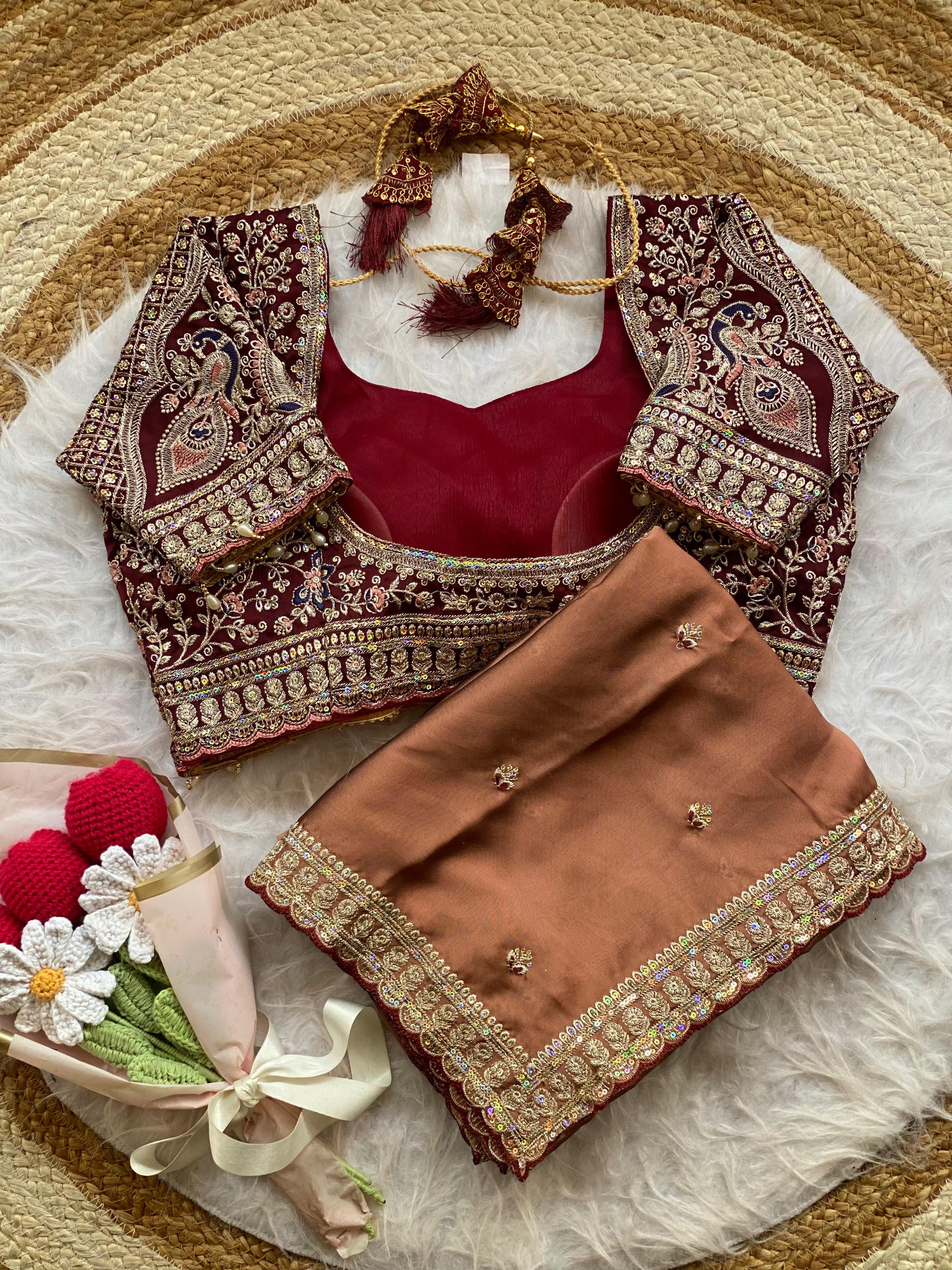 Outstanding Wedding Wear Silk Sequence n Embroidery Work Butti Desginer Saree With Stitched Blouse