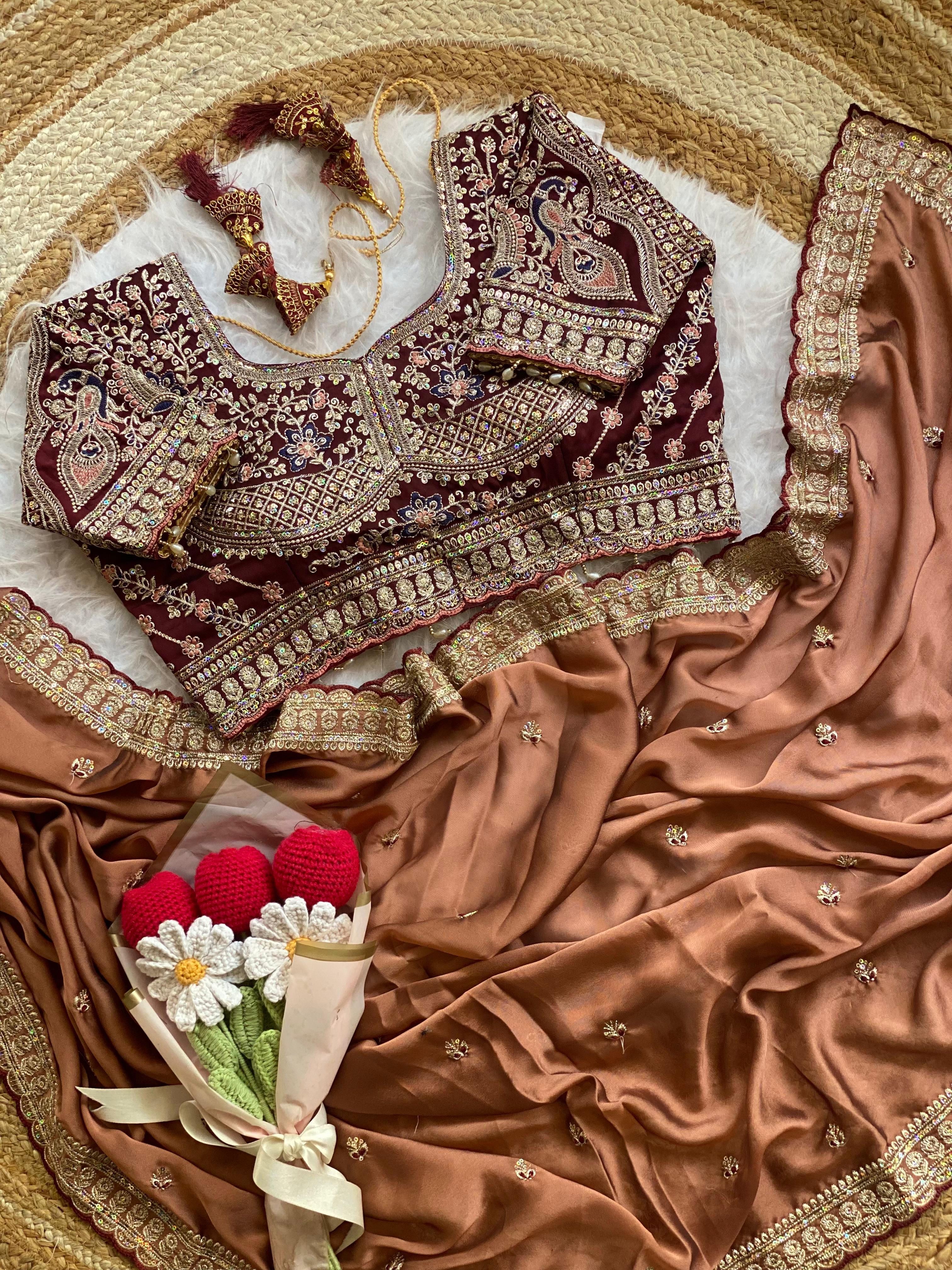 Outstanding Wedding Wear Silk Sequence n Embroidery Work Butti Desginer Saree With Stitched Blouse