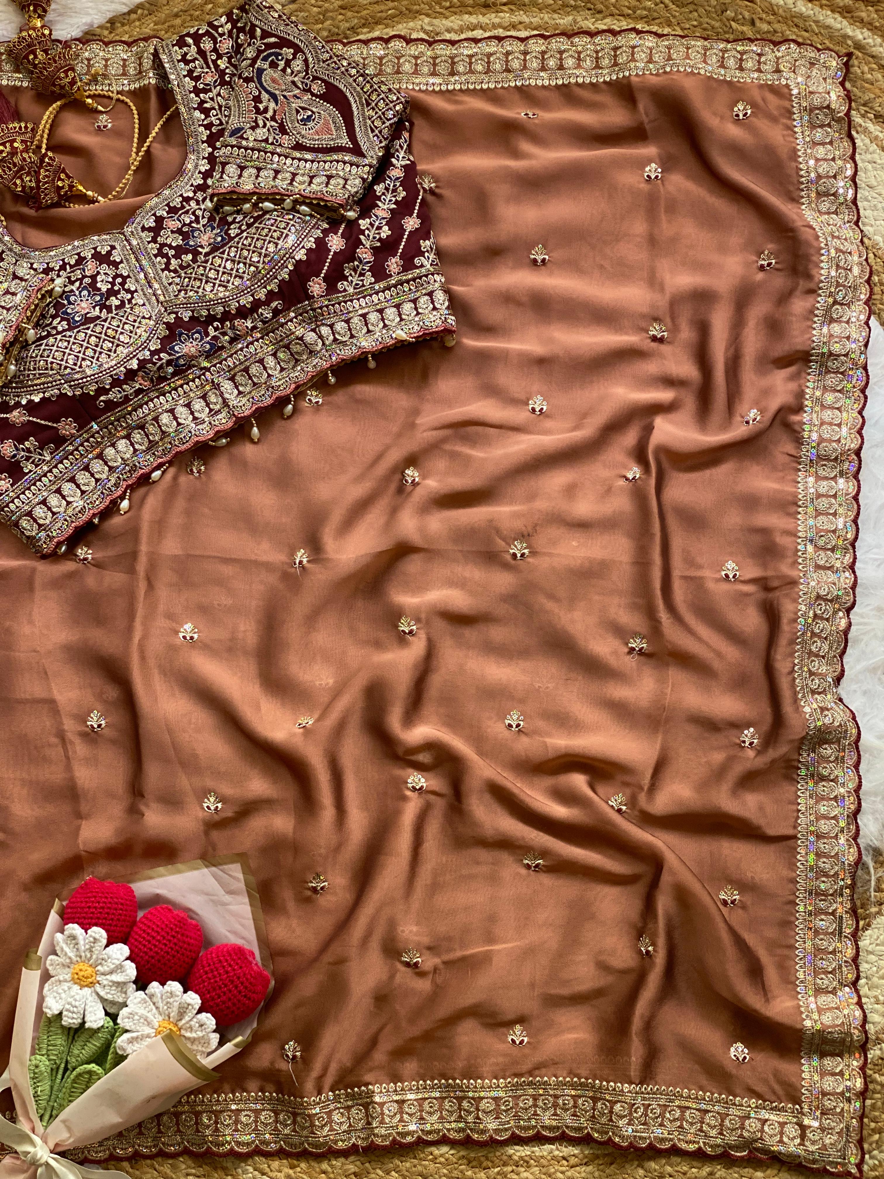 Outstanding Wedding Wear Silk Sequence n Embroidery Work Butti Desginer Saree With Stitched Blouse