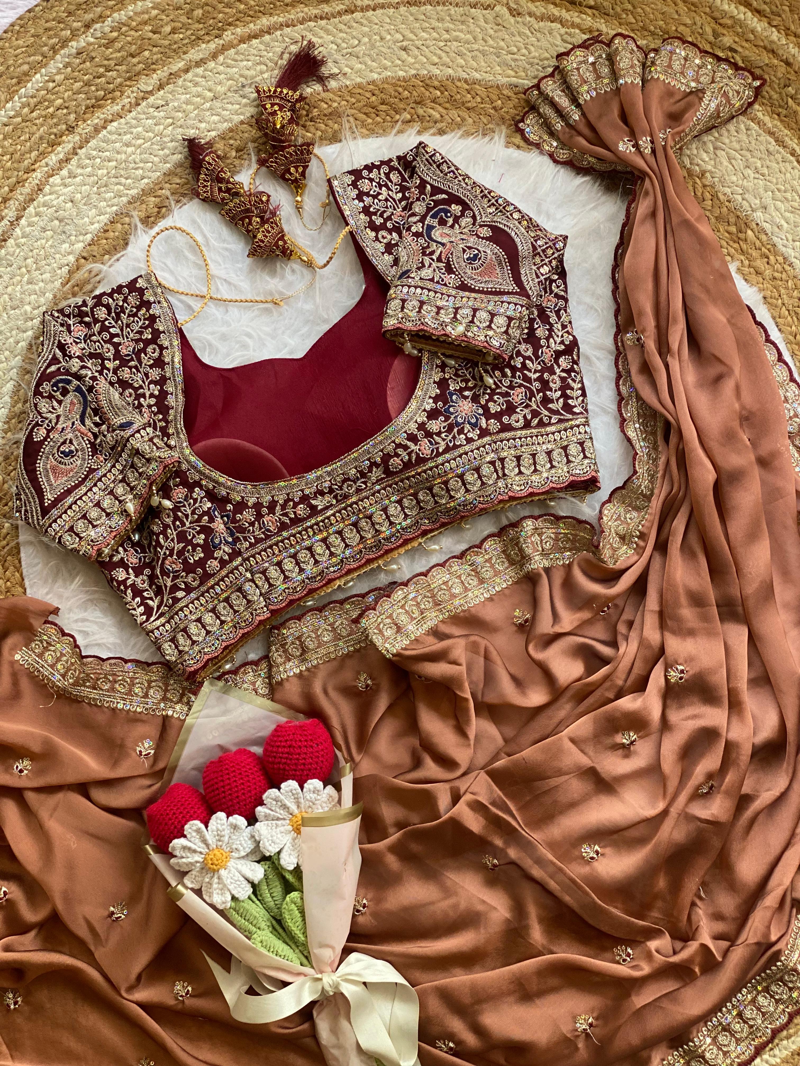 Outstanding Wedding Wear Silk Sequence n Embroidery Work Butti Desginer Saree With Stitched Blouse