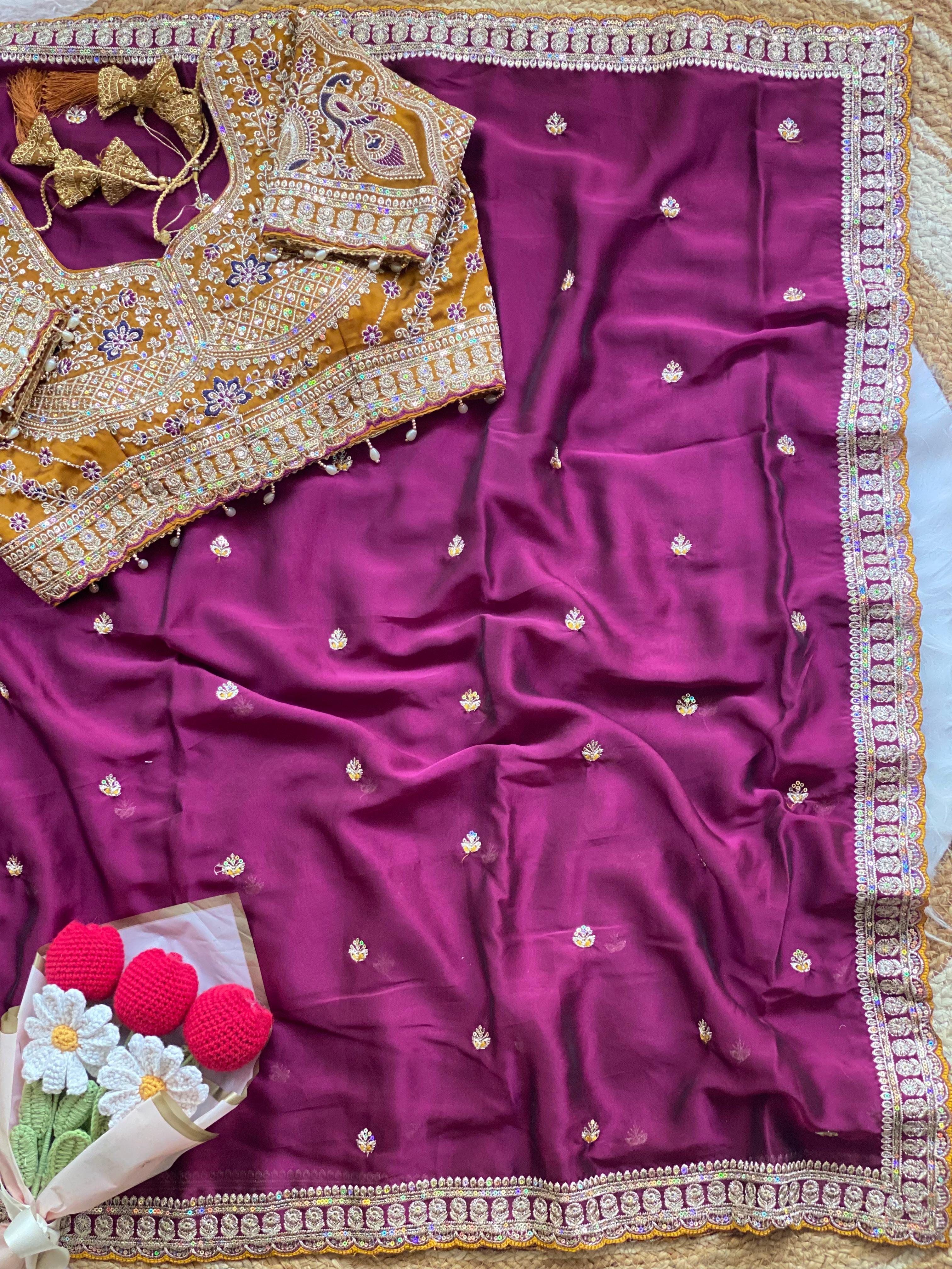 Outstanding Wedding Wear Silk Sequence n Embroidery Work Butti Desginer Saree With Stitched Blouse