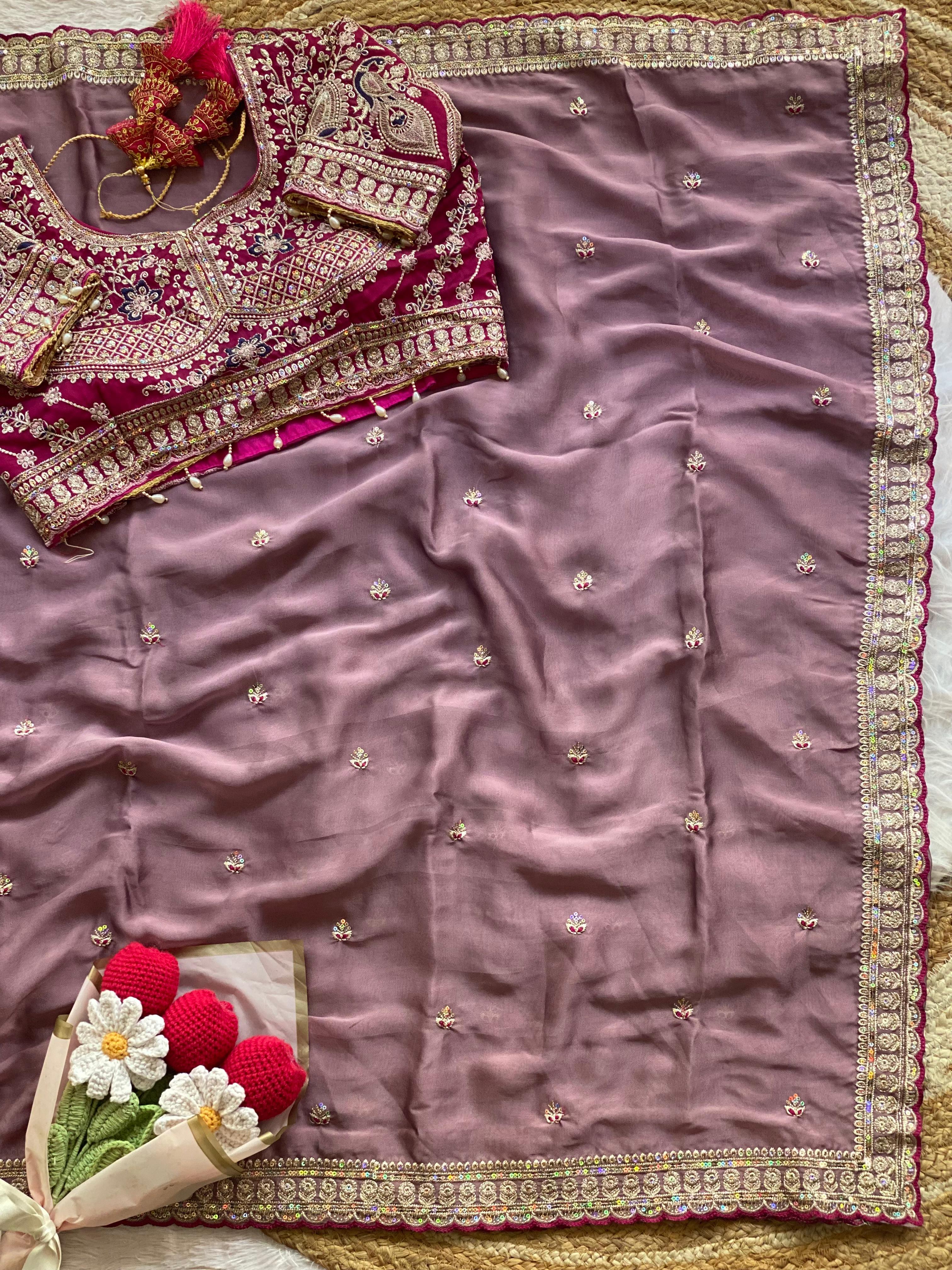Outstanding Wedding Wear Silk Sequence n Embroidery Work Butti Desginer Saree With Stitched Blouse